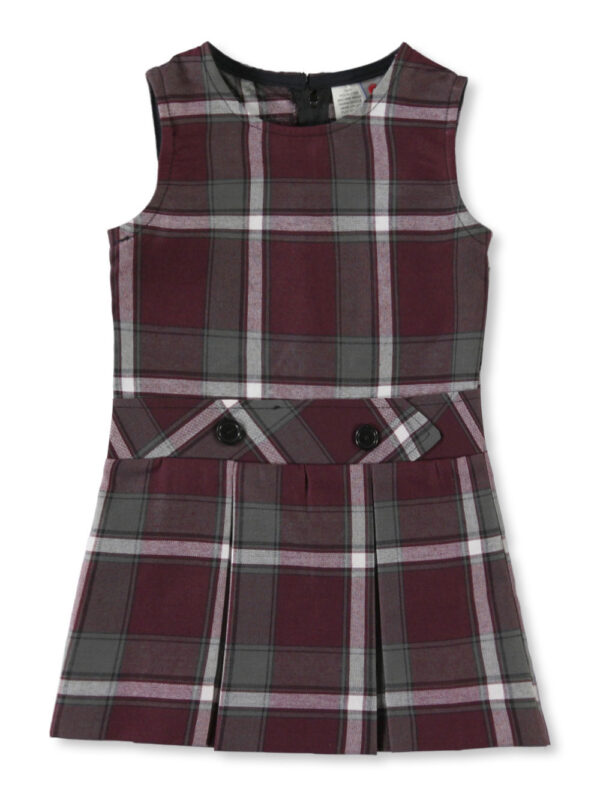 LITTLE GIRLS’ BIB FRONT JUMPER WITH KICK PLEATS (SIZES 2 - 6X) BURGUNDY/GRAY/WHITE *PLAID #91*